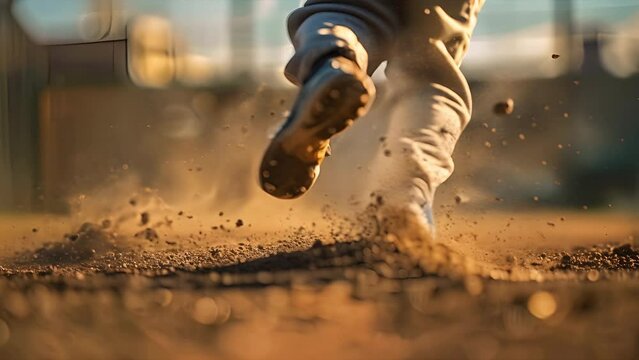 Pulling focus to the cleats of a teenager running for home base during a baseball game. Tracking shot in slow motion freezing the action as the camera moves.