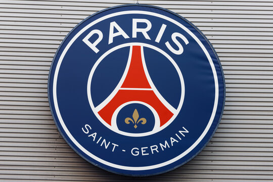 Logo of the French Ligue 1 football club Paris Saint-Germain on the Parc des Princes stadium