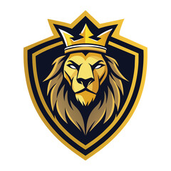 A lion wearing a regal crown on its head, Lion head shield logo icon. Royal gold crown badge symbol