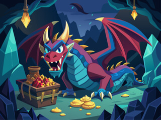 Fierce dragon guarding a treasure hoard in a dark cave Illustration