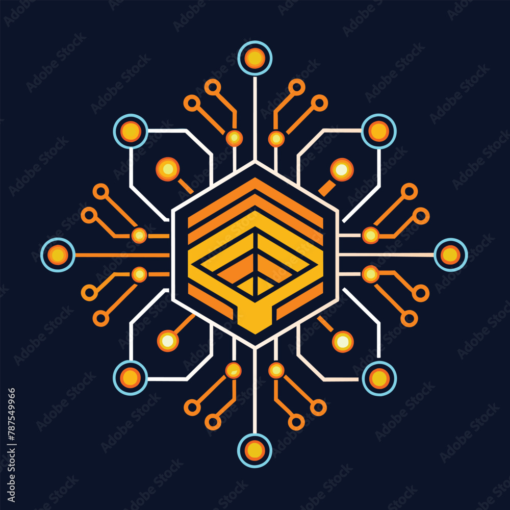 Poster a minimalist design featuring a hexagonal structure with a unique circuit pattern, minimalistic desi