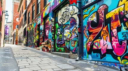 Vibrant murals and street art on the walls of the buildings bring a modern touch to this historic cobblestone street blending the . AI generation.