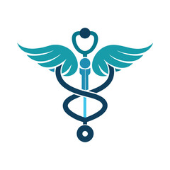A medical symbol featuring wings and a staff, symbolic of healing and healthcare, Minimalist design of a stethoscope intertwined with a caduceus symbol
