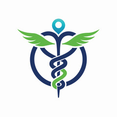 Minimalist medical symbol featuring wings and a staff, symbolizing healthcare and healing, Minimalist design of a stethoscope intertwined with a caduceus symbol