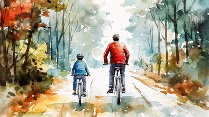 A man is holding a child's hand while riding a bicycle.