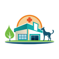 A dog standing next to a house with a red cross emblem on it, Modern, sleek design of a veterinary clinic building, minimalist simple modern vector logo design
