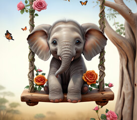 a cute baby Elephant with big bright eyes swinging on a swing made from a wooden bottom and beautifully intricate roses weaved through some pretty vines suspended from an african baobab tree
