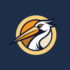 A minimalist illustration of a pelican with a long beak enclosed within a circle, Pelican Simple Logo, minimalist simple modern vector logo design