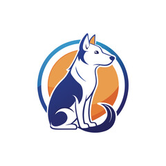 A dog sitting in front of a vibrant orange and blue circle, pet care logo design with dog line style