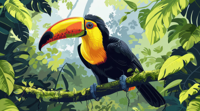 Digital art of a black toucan perched on a branch amidst dense tropical foliage, capturing a serene natural habitat.