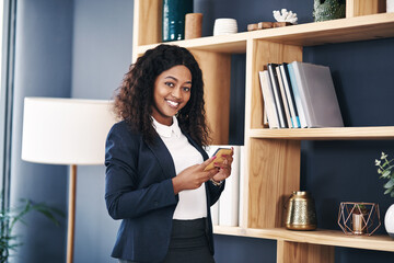 Portrait, smile and business with black woman, smartphone and lawyer in modern office. Face,...