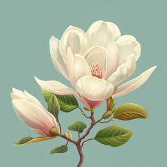 Artistic rendering of blooming magnolia flowers with detailed leaves.