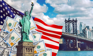 Statue of Liberty against the backdrop of the American flag, US dollar and Manhattan Bridge in New york city. - obrazy, fototapety, plakaty