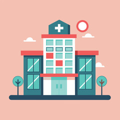 Fototapeta premium A modern hospital building with a prominent cross on its roof, standing tall in the city skyline, Stylish graphic of a hospital building with subtle medical symbols