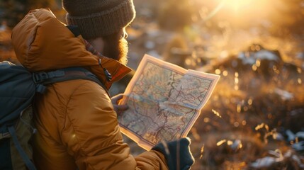 A man with a backpack and hat holding up a map, AI