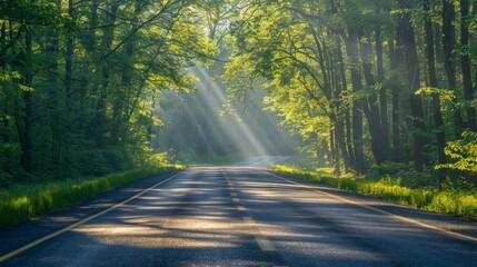 Sunlight filters through the new leaves of the trees creating a soft glow over the highway and giving a sense of renewal and hope . AI generation. - obrazy, fototapety, plakaty