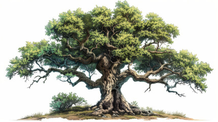 Illustration of an ancient, twisted tree with expansive lush foliage, symbolizing endurance and the passage of time.