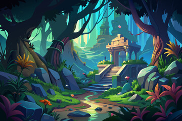 Mystical forest with ancient ruins and hidden treasures Illustration