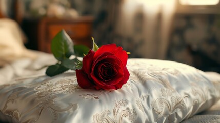 A single red rose sitting on a pillow in front of the bed, AI