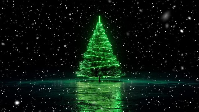 Neon Christmas tree. Falling snowflakes. Falling snowflakes effect. Looped snow. Minimalistic background. Neon. Minimalistic style. Generative AI.
