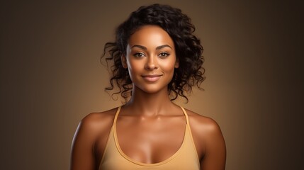 Portrait of an African American woman smiling with curly hair and tank top against a beige background.