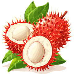 Illustration of fresh durian fruit, cut open to reveal fleshy seeds, with vibrant leaves on white background.