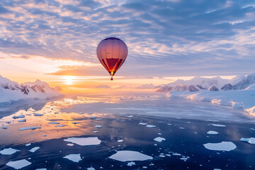 A hot air balloon is flying over a frozen ocean