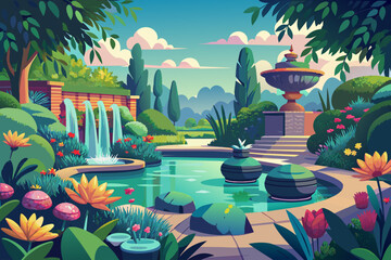 Peaceful garden with serene water features and blooming flowers Illustration