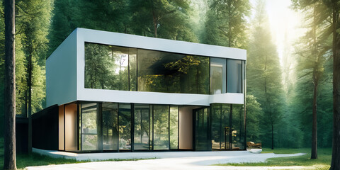 design of a modern mirrored house on the river bank