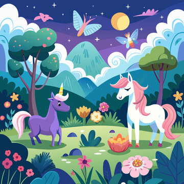 Peaceful meadow with grazing unicorns and shimmering butterflies Illustration