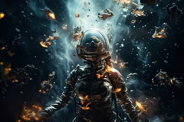 A woman wearing a space suit is surrounded by floating debris in space. Generative AI