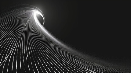 Monochrome abstract design of light wave lines creating a spiral on black background.