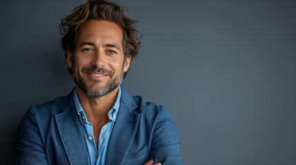 Fototapeta premium Happy young smiling confident professional business man wearing blue shirt, pretty stylish male executive looking at camera, standing arms crossed at grey background concept.