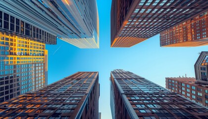 Majestic Urban Canyons: A Bottom-Up View of Skyscrapers in a Metropolitan Concrete Jungle Under a...