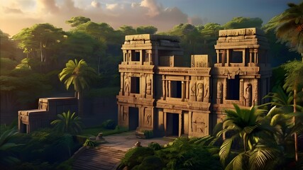 Fototapeta premium ai generated realistic beautiful egypt ancient temple hidden in a forest with intricate carvings and surrounded by dense foliage and magnificent ancient buildings