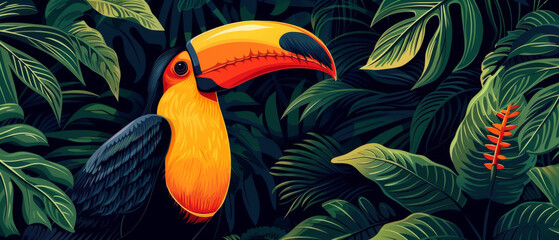 Fototapeta premium Vibrant illustration of a toucan among dense tropical leaves and flora, wildlife theme.