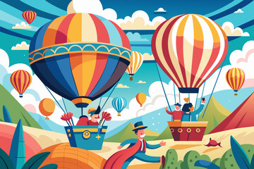 Whimsical hot air balloon race with colorful balloons and daring pilots Illustration