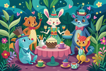 Obraz na płótnie Canvas Whimsical tea party with talking animals and magical tea sets Illustration