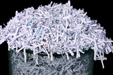 Business, bin and shred of paper, report or top secret in document, information or evidence in...