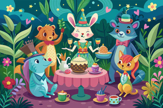 Whimsical tea party with talking animals and magical tea sets Illustration