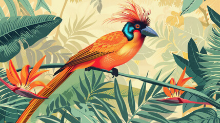 An illustrated vibrant bird perched in a lush tropical jungle, with intricate foliage and flowers.