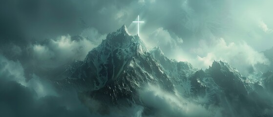 Ethereal cross above clouded peak - obrazy, fototapety, plakaty