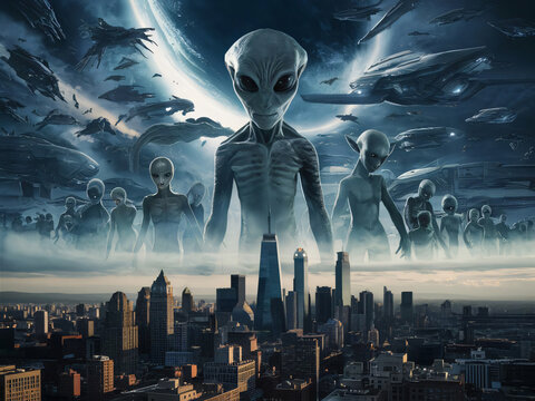 Alienígenas extraterrestres invadiendo una ciudad