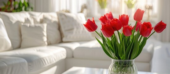 Home decor featuring a modern white living room adorned with a vase filled with red tulips.