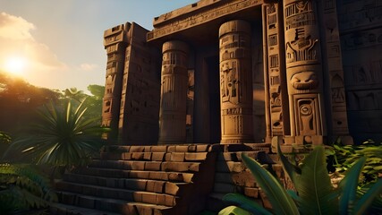 ai generated realistic beautiful egypt ancient temple hidden in a forest with intricate carvings and surrounded by dense foliage and magnificent ancient buildings