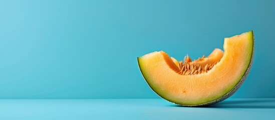 Half slice of ripe cantaloupe melon on a blue backdrop