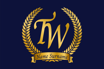 Initial letter T and W, TW monogram logo design with laurel wreath. Luxury golden calligraphy font.