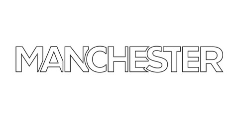 Manchester city in the United Kingdom design features a geometric style illustration with bold typography in a modern font on white background.
