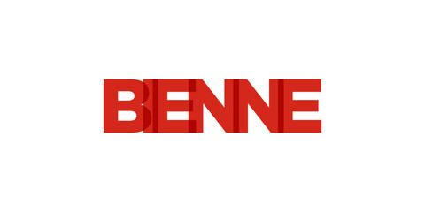Bienne in the Switzerland emblem. The design features a geometric style, vector illustration with bold typography in a modern font. The graphic slogan lettering.