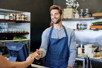 Barista, payment and customer with credit card at cafe, restaurant and hand at small business...